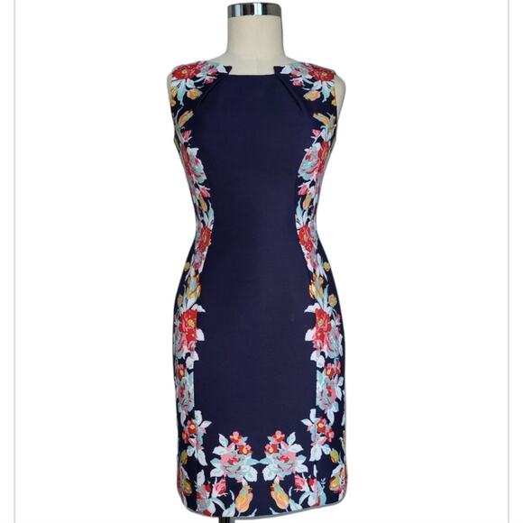 Tahari ASL Floral Block Print Sleeveless Sheath Dress Size 2P Blue Multi Office - Picture 1 of 13
